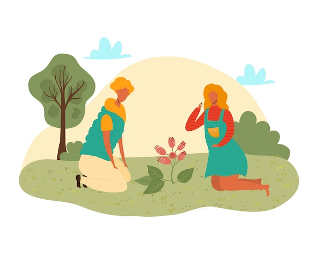 Cute girl planting flowers flat   illustration of ecology and environmental protection. Childrens on summer nature.