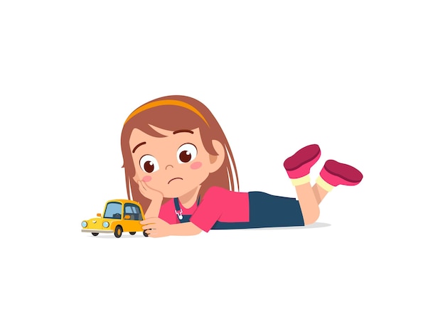 Cute girl play toy car alone and feel sad