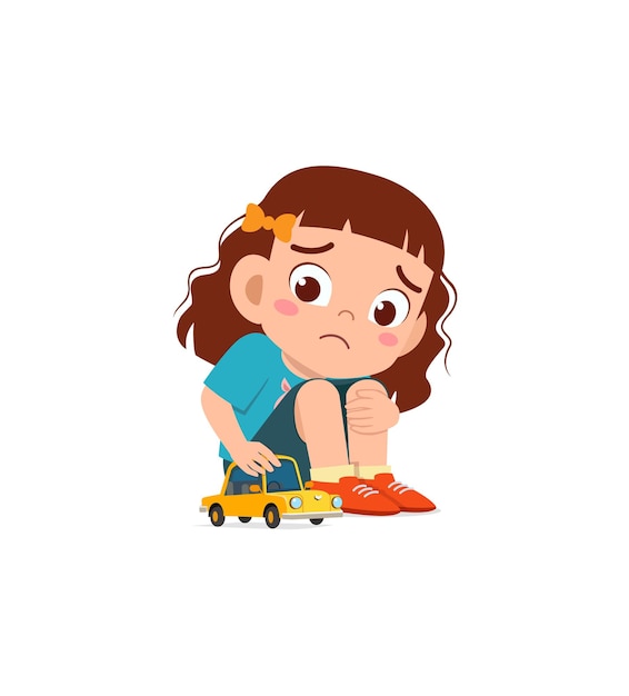 Cute girl play toy car alone and feel sad