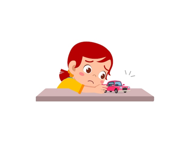 Cute girl play toy car alone and feel sad