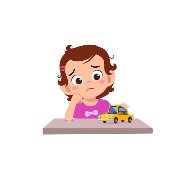 Cute girl play toy car alone and feel sad