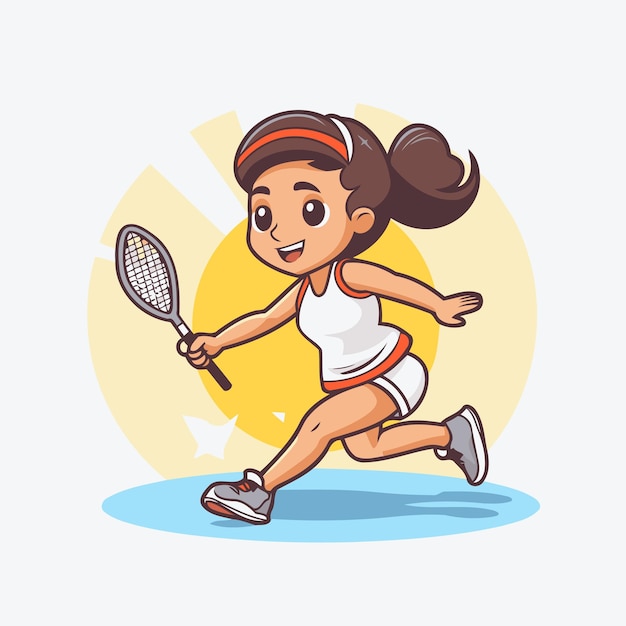 Cute girl playing badminton Vector illustration in cartoon style