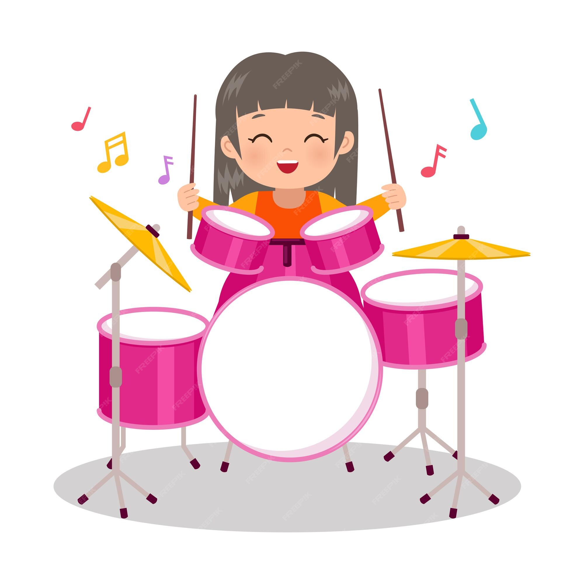 Premium Vector | Cute girl playing drum instrument musical clip art flat  vector cartoon design