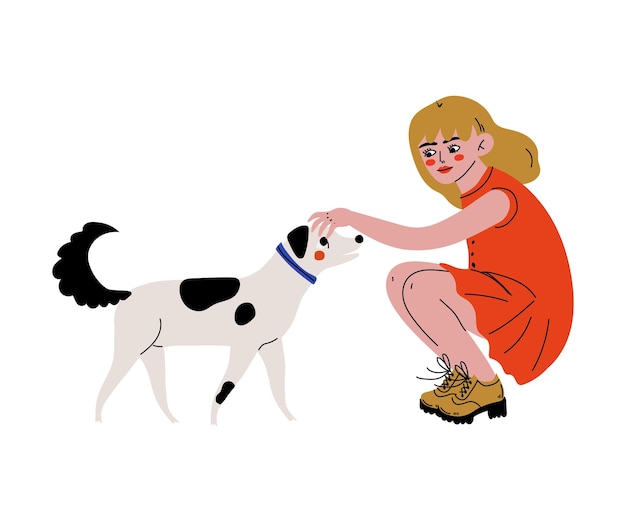 Cute Girl Playing and Stroking her Dog Vector Illustration