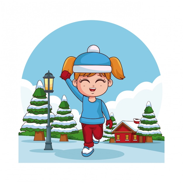 Cute girl playing in winter cartoon 