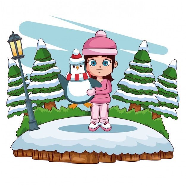 Cute girl playing in winter cartoon 