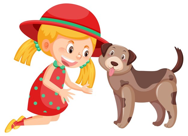 Vector cute girl playing with a dog