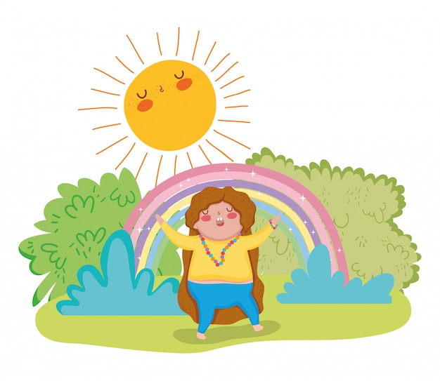 Vector cute girl playing with rainbow and sun
