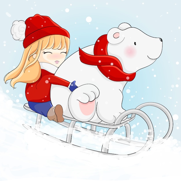 Cute girl and polar bear are skiing