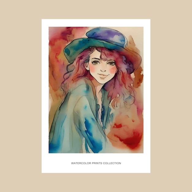 Vector cute girl portrait watercolor painting