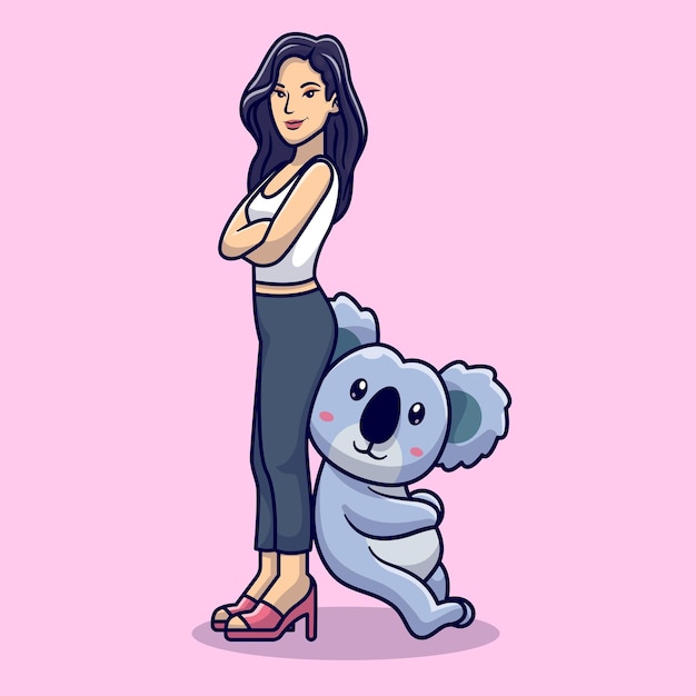 Ragazza carina in posa con koala cartoon vettore icona illustrazione animale persone icona concetto isolato