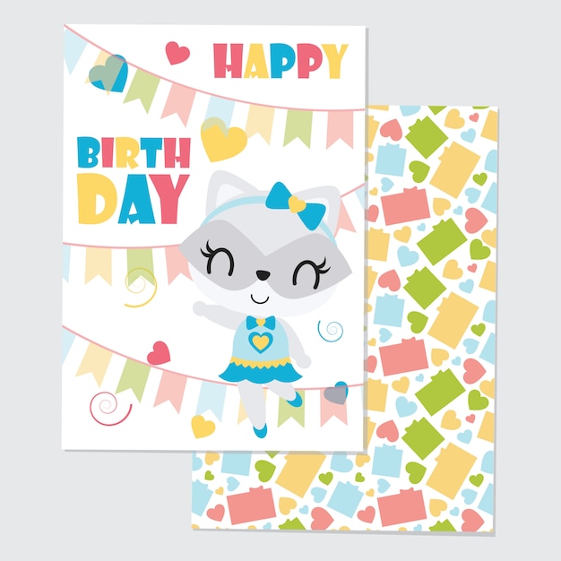 Vector cute girl raccoon and colorful buntings for happy birthday card set