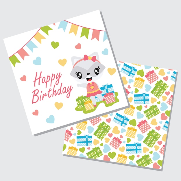 Vector cute girl raccoon, garland and box gifts for happy birthday card set