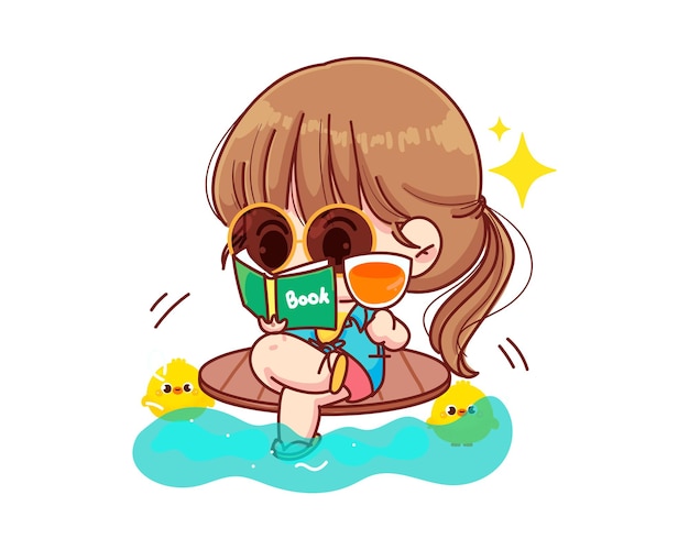 Cute girl reading a book at the beach cartoon illustration