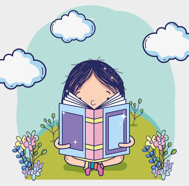 Cute girl reading a book cartoon at landscape