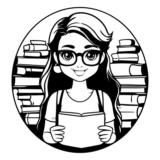 Vector cute girl reading a book in the library vector illustration