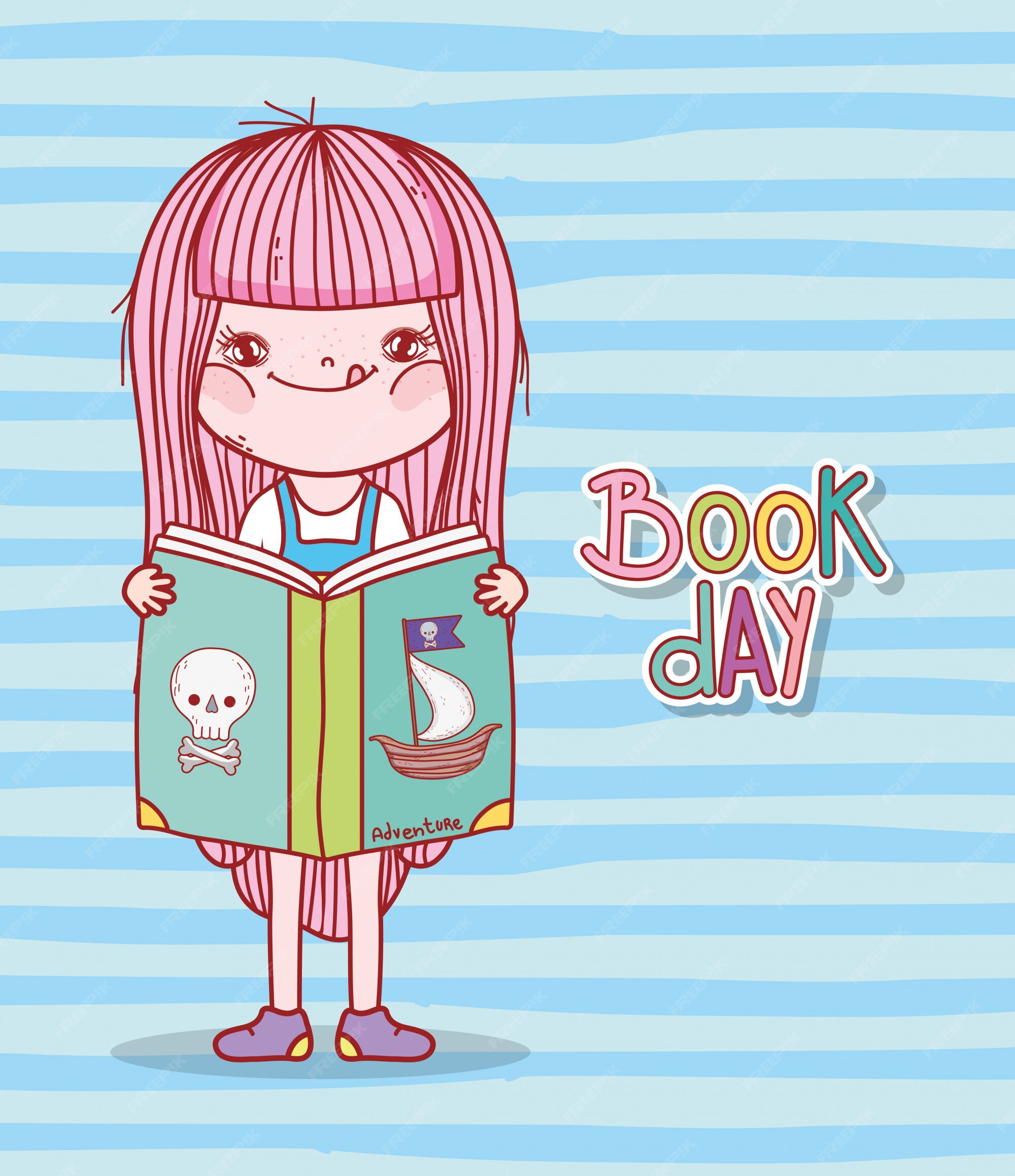 Premium Vector | Cute girl reading book of pirates cartoon stripes  background