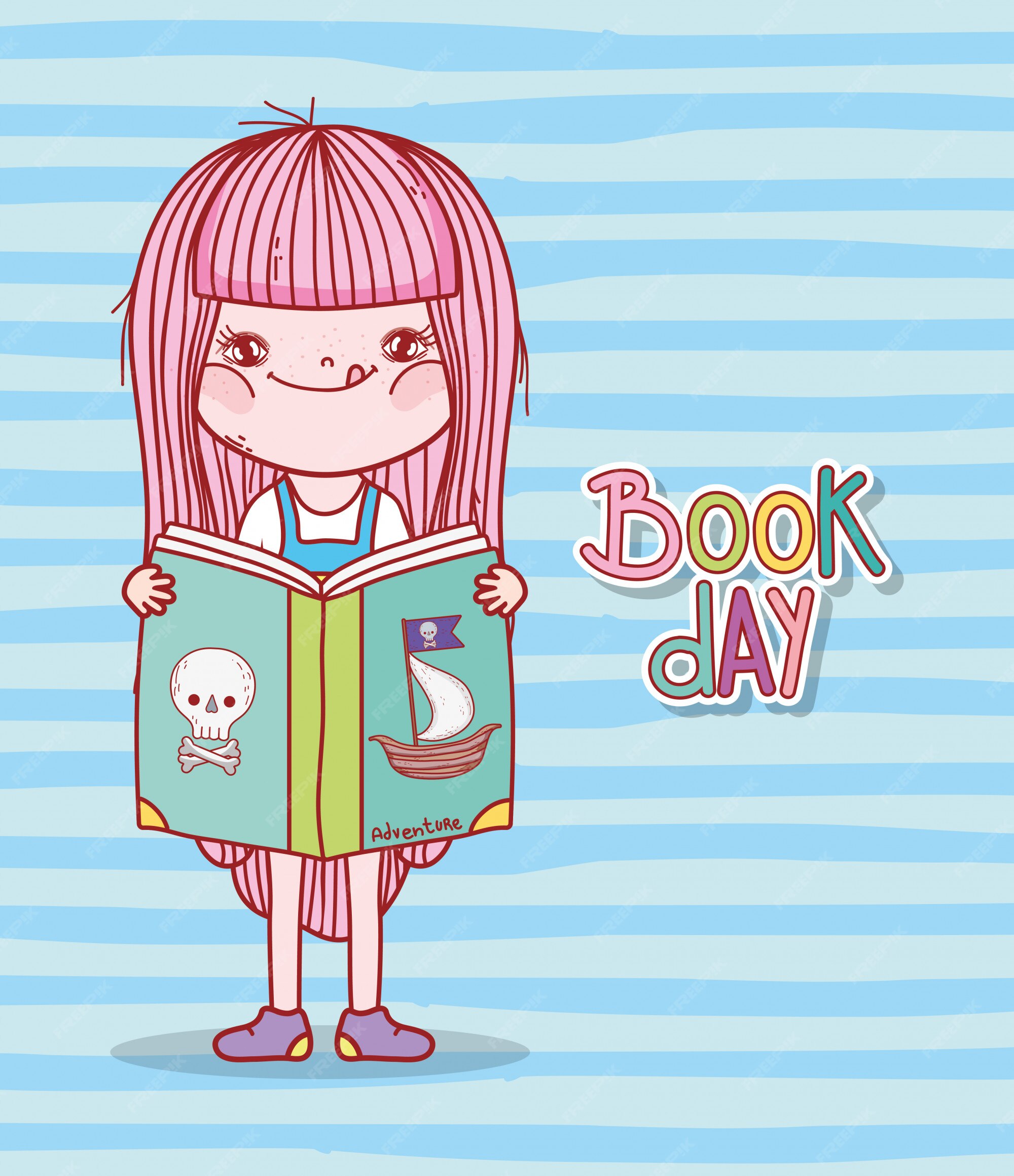 Premium Vector | Cute girl reading book of pirates cartoon stripes background Premium Vector | Cute girl reading book of pirates cartoon stripes background