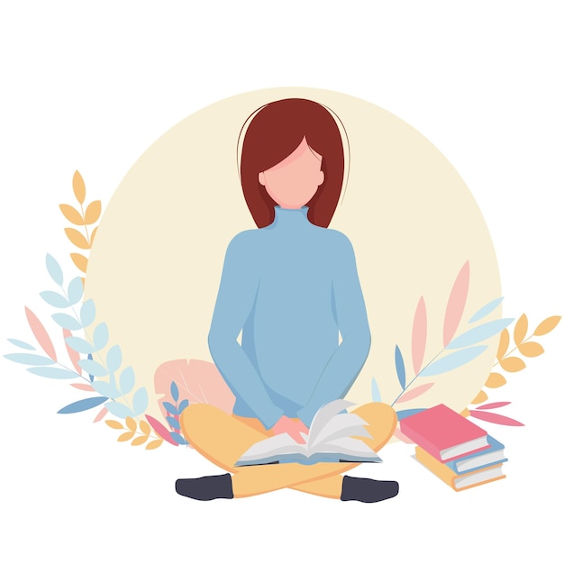 Vector cute girl reading a book while sitting on the floor in a lotus position vector illustration