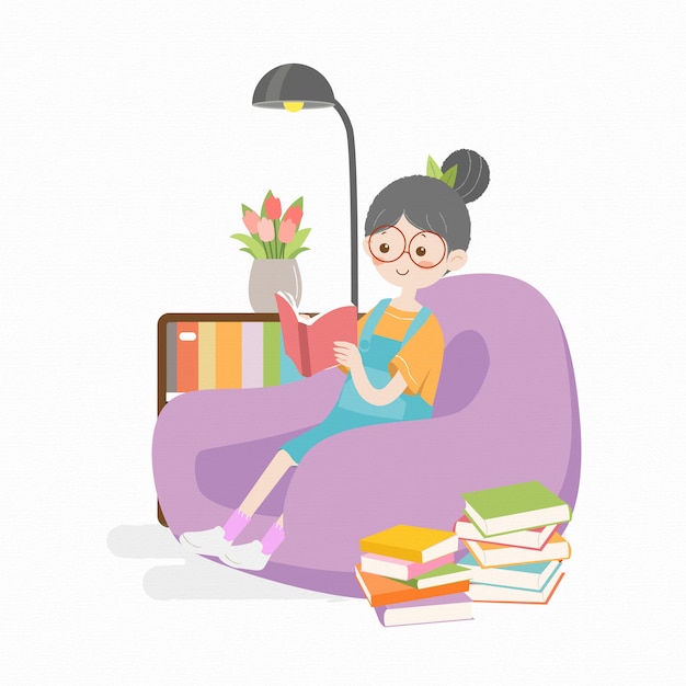 Cute Girl reading books Children book Illustration