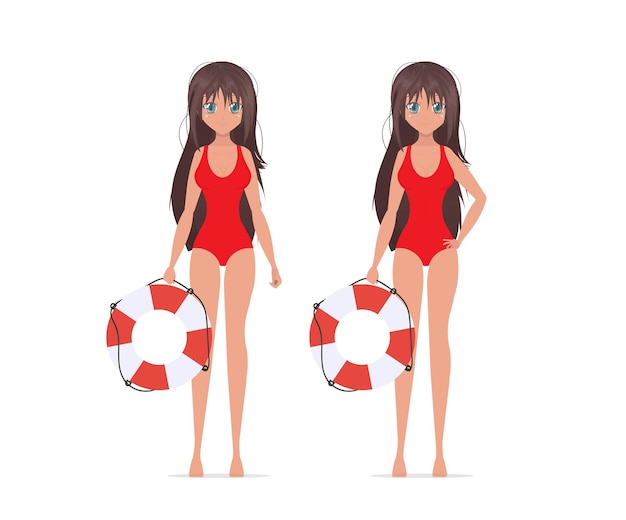 Una ragazza carina in un costume da bagno rosso tiene in mano un salvagente bagnino in spiaggia stile anime cartone animato illustrazione vettoriale