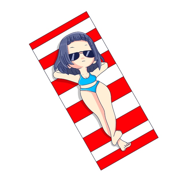 Vector cute girl relaxing on the beach kawaii designs