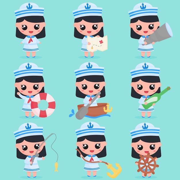 Cute girl sailor character with sailor elements in set bundle