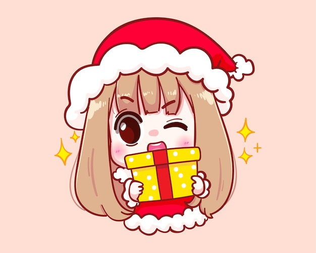 Cute girl in santa claus costume Holding a gift box merry Christmas illustration 