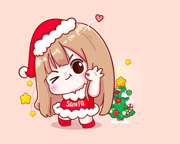 かわいい女の子サンタクロースハッピーメリークリスマスイラスト プレミアムベクター