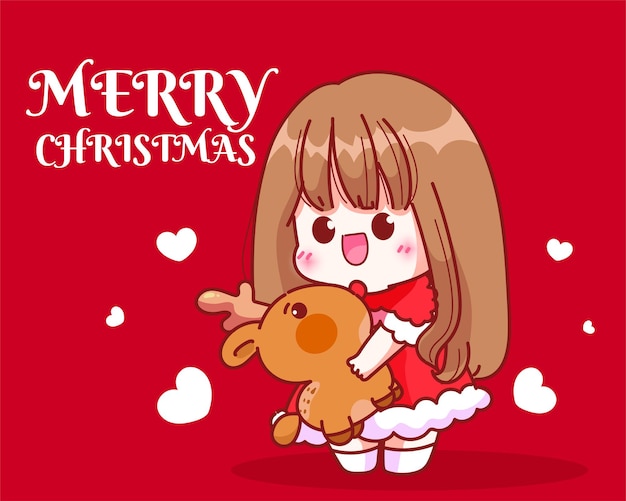 かわいい女の子のサンタは、クリスマス休暇のお祝いの手描きの漫画アートイラストでトナカイ人形を抱きしめます