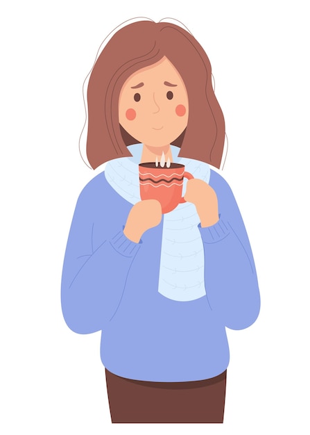 スカーフとセーターを着たかわいい女の子が体を温め、熱いお茶を飲んでいる