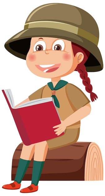 Cute girl scout cartoon character sitting on log reading a book