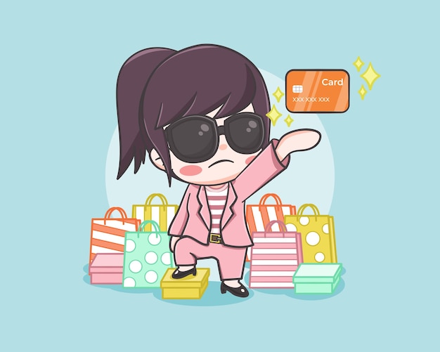 Cute girl shopping with a magic credit card cartoon illustration