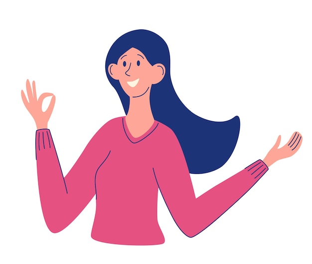 Vector cute girl shows the ok gesture. hand gestures, expression of emotions. sign language. everything is ok concept. flat cartoon vector illustration.