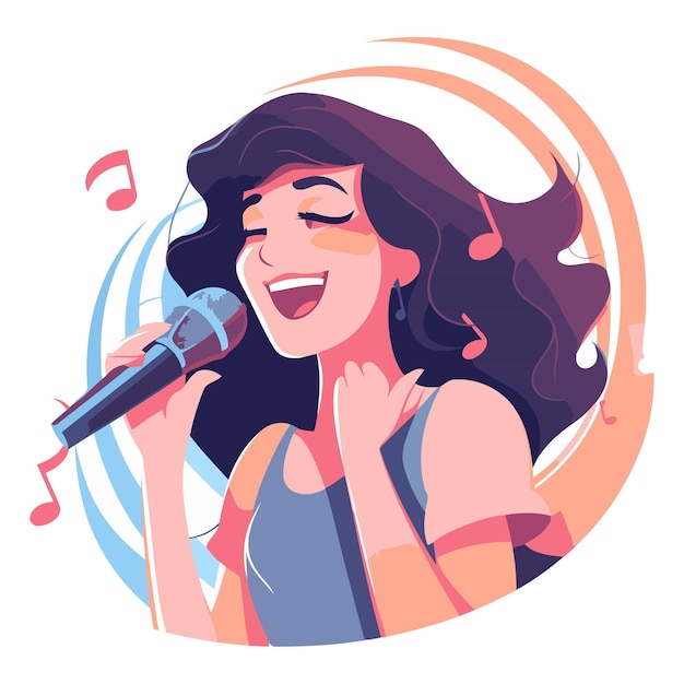 Vector cute girl singing karaoke in cartoon style