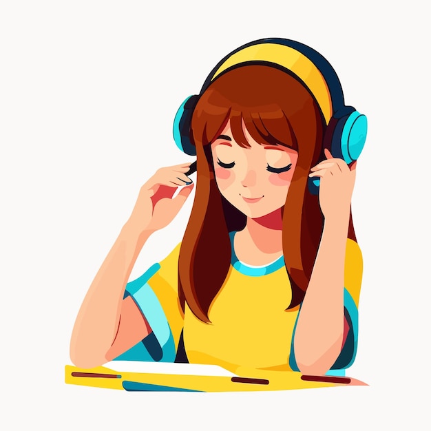 マイクを使ってヘッドフォンで座っているかわいい女の子 女の子は音楽を聴きます ヘッドフォンでエンブレムの女の子