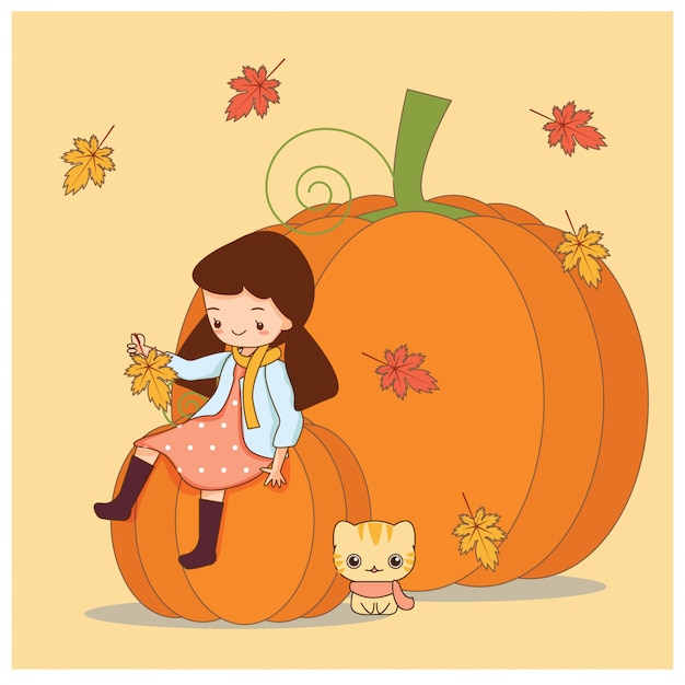 Cute girl sits on pumpkin