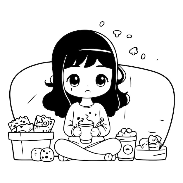 Cute girl sitting on the couch and eating popcorn