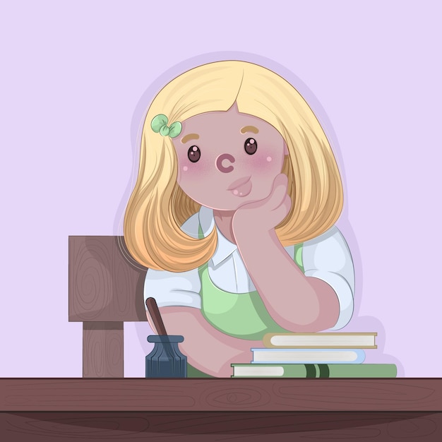 Cute girl sitting ready to study vector icon illustration people object icon concept isolated prem