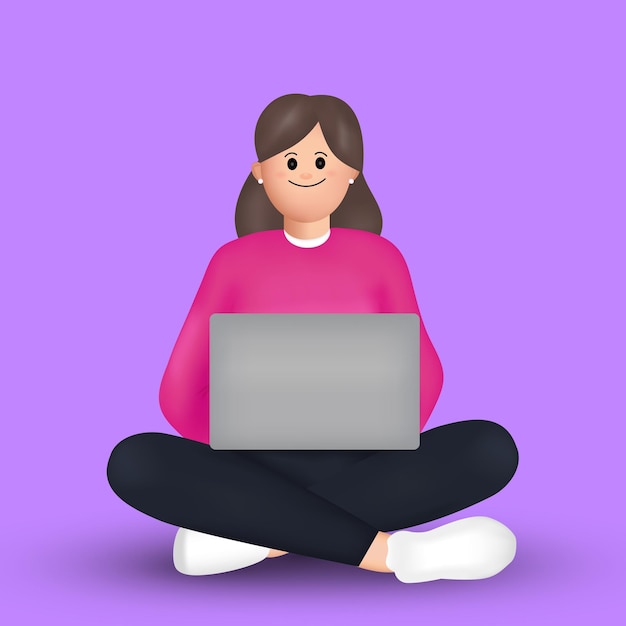 Vector cute girl sitting with a laptop in the lotus position 3 d illustration