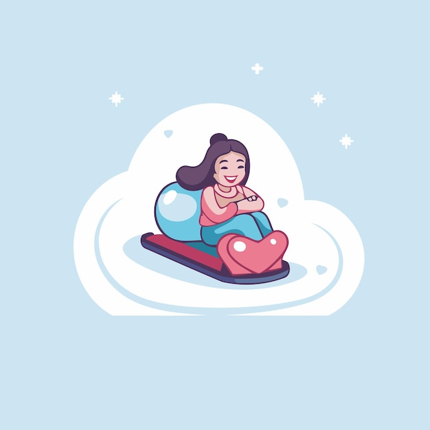 Vector cute girl on a sled vector illustration in cartoon style