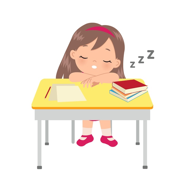 Vector cute girl sleeping at her study desk