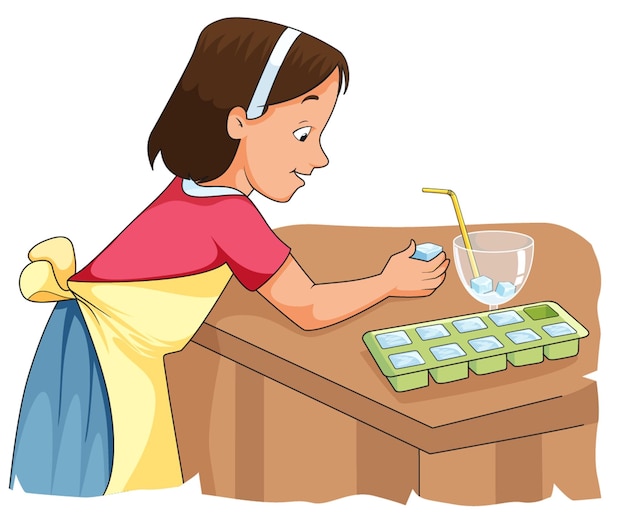 Cute girl smiling and putting ice cubes from the ice tray to the glass