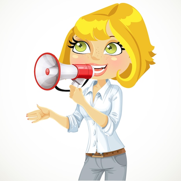 Cute girl speaks in a megaphone