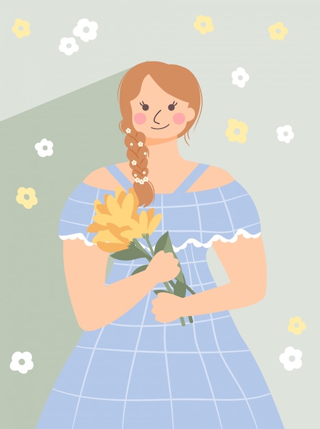 Vector cute girl stand and hold a bouquet.