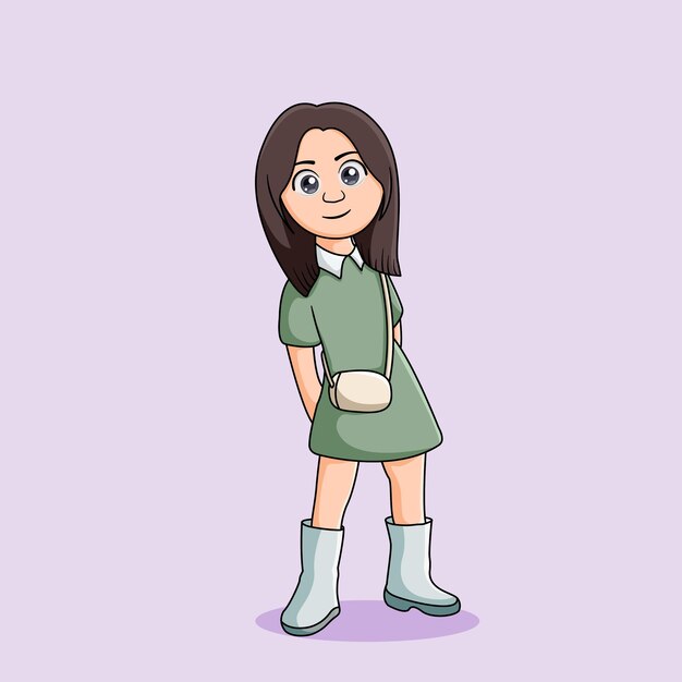 Vector cute girl standing and both hands behind illustration