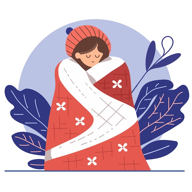 Вектор Милая девушка стоит, покрытая одеялом молодая женщина в одеяле уютное чувство ручной рисунок вектора