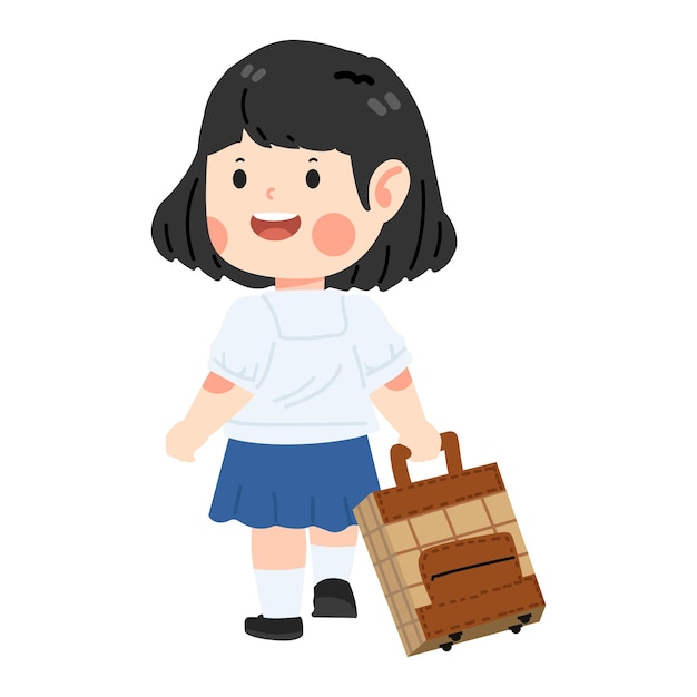 かわいい女の子の学生が荷物を引っ張っている