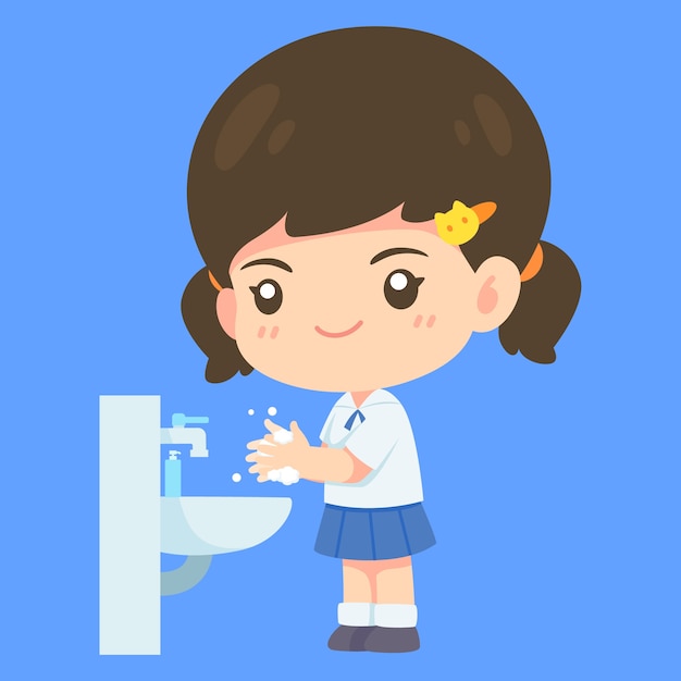 Cute girl in student uniform washing hand