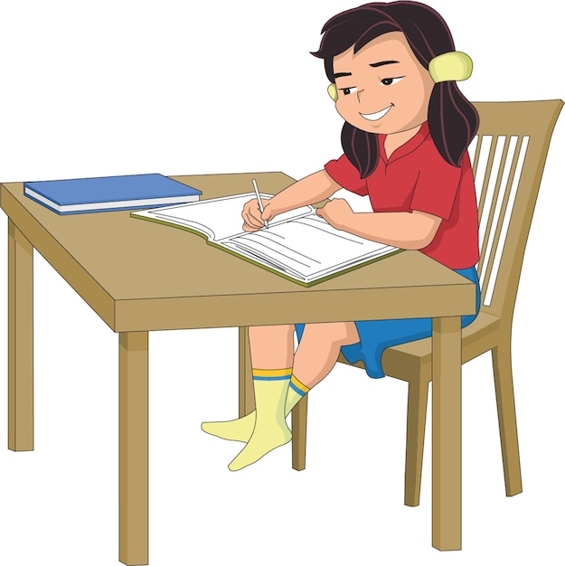 Vector cute girl studying while sitting on the chair vector illustration